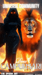 a poster of a woman standing next to a lion says universe community