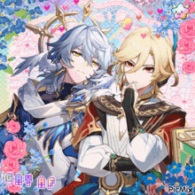a couple of anime characters standing next to each other with flowers around them