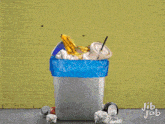 a cartoon of a person in a garbage can with jib jab written on the bottom