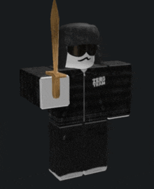 a roblox character holding a wooden sword and wearing a jacket that says zero team