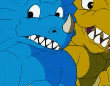 two cartoon dinosaurs , one blue and one yellow , are standing next to each other and looking at each other .