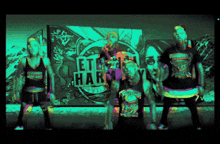a group of people are standing in front of a wall that says " let 's party "