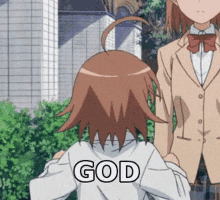 a girl in a school uniform is standing next to another girl with the word god on her back