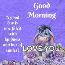 a good morning message with a donkey holding flowers