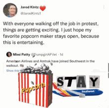 a tweet from jarod kintz shows a striped popcorn container and a southwest plane