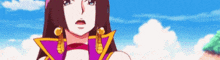 a woman in a purple and yellow outfit is standing in front of a blue sky and clouds .