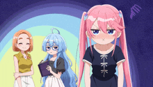 a girl with pink hair is standing next to another girl