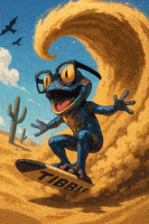 a frog wearing glasses is riding a surfboard with the word tibbi on it