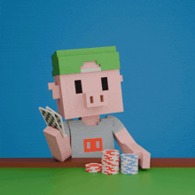 a cartoon pig is holding a deck of cards and stacks of poker chips