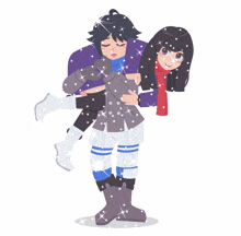 a boy is carrying a girl in his arms in a cartoon