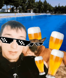 a man wearing sunglasses is surrounded by glasses of beer and a dog