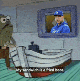 a cartoon of a man wearing a la dodgers hat