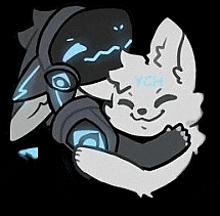 a cartoon of a cat hugging a robot with headphones .