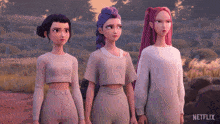 three cartoon girls are standing next to each other with netflix written on the bottom