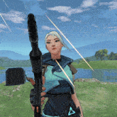 a woman in a video game holding a gun with the letter a on her sleeve