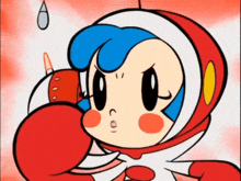 a cartoon character with blue hair and a red cape