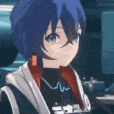 a close up of a blue haired anime girl wearing a hoodie and a necklace .