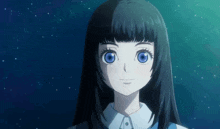 a girl with long black hair and blue eyes is looking at the camera