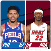 a philadelphia basketball player and a heat basketball player pose for a photo