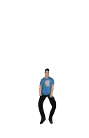 a man wearing a blue shirt and black pants is dancing