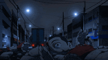 a cartoon of a man laying on the ground in a city