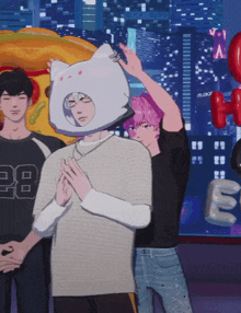 a man wearing a cat hat has the number 28 on his sleeve
