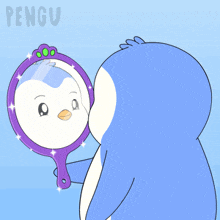 a penguin is looking at its reflection in a hand mirror with the word pengu on the bottom