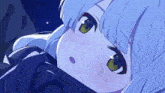 a girl with blue hair and yellow eyes looks up at the sky