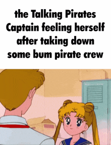 the talking pirates captain feeling herself after taking down some bum pirate crew is shown in a cartoon