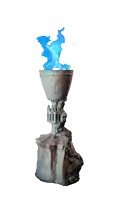 a statue of a chalice with a purple flame coming out of it