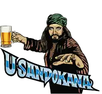 a drawing of a man holding a glass of beer with usandokana written on the bottom