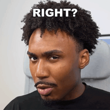 a man with curly hair and a beard has the word right above his head