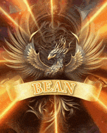 a phoenix with the name bean on a banner