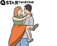 a cartoon of a man carrying a woman in his arms with a star tamil chat logo behind them