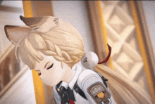 a girl with a cat ear on her head is wearing a white shirt