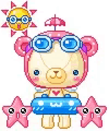 a pixel art of a teddy bear wearing sunglasses and holding a float .