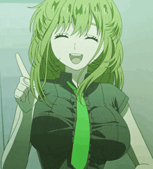 a girl with green hair and a green tie is smiling