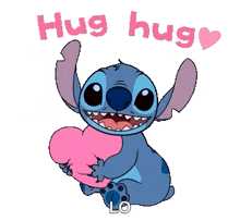 a picture of stitch holding a pink heart with the words hug hug written above it