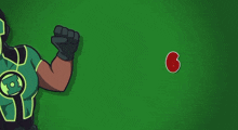 a cartoon of a man in a green superhero costume with the number 6 behind him