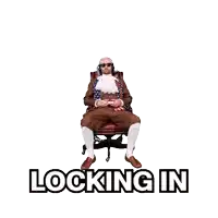 a man in a suit is sitting in a chair with a red arrow pointing down and the words locking in below him