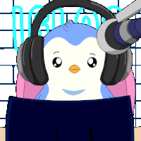 a cartoon of a penguin wearing headphones and looking at a laptop