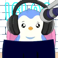 a cartoon of a penguin wearing headphones and looking at a laptop