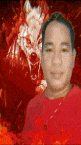 a man in a red shirt stands in front of a wolf