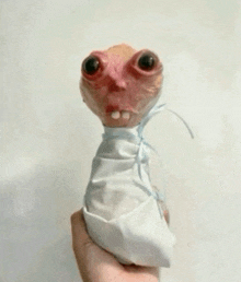 a person is holding a stuffed animal that looks like a baby