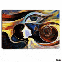 a colorful painting of a woman 's face and a man 's eye with pixiz at the bottom
