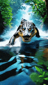 a painting of a crocodile swimming through a river