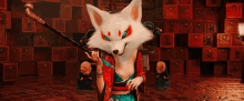 a white fox with red eyes is holding a sword