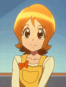 a girl with orange hair is wearing a yellow apron with a bow