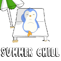a penguin is laying on a beach chair under an umbrella with the words summer chill written on the bottom