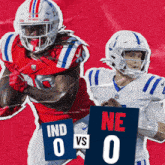 two football players are holding up signs that say ind 0 vs 0